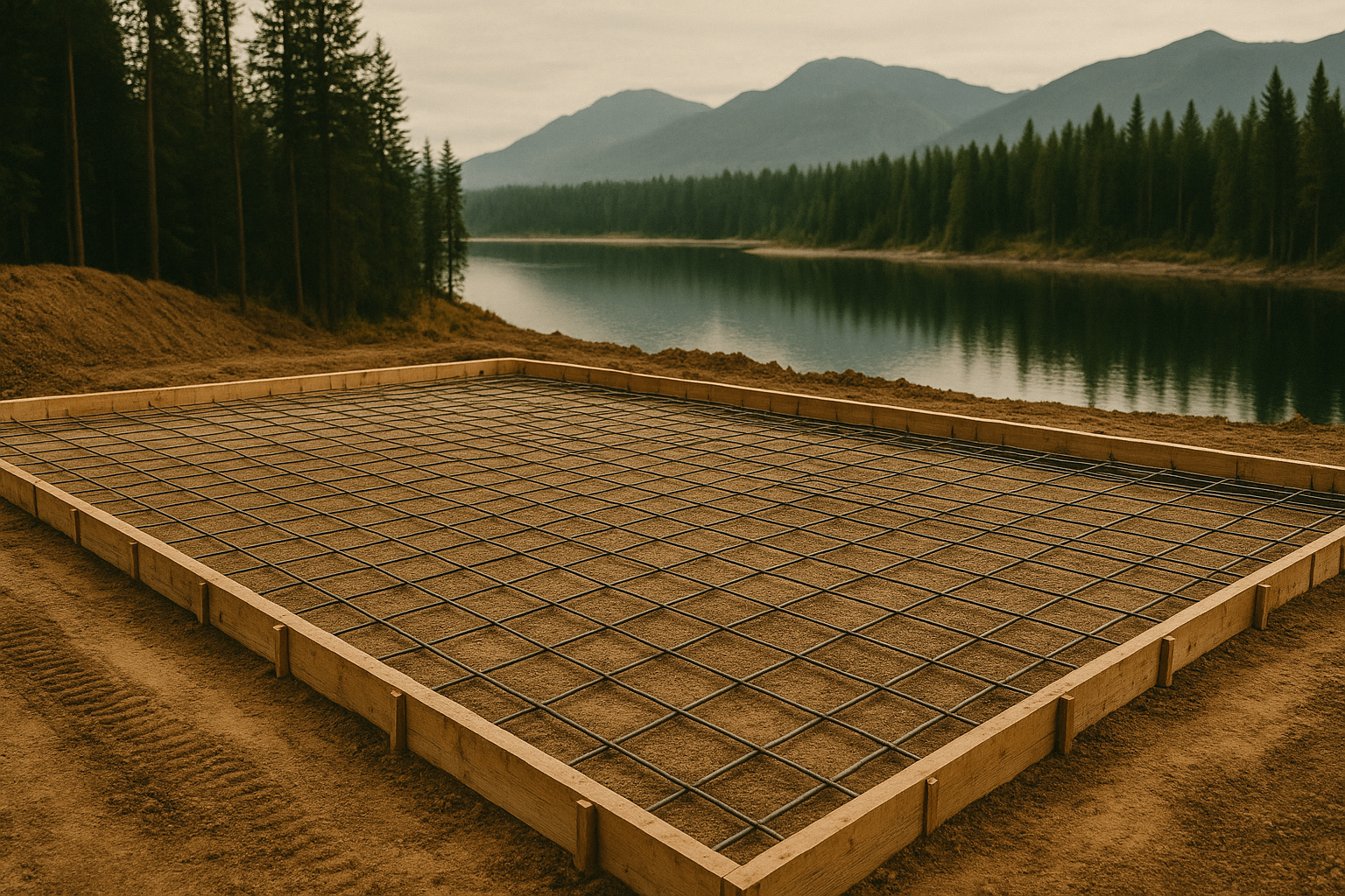 Pre-construction site preparation with grading stakes and soil compaction equipment