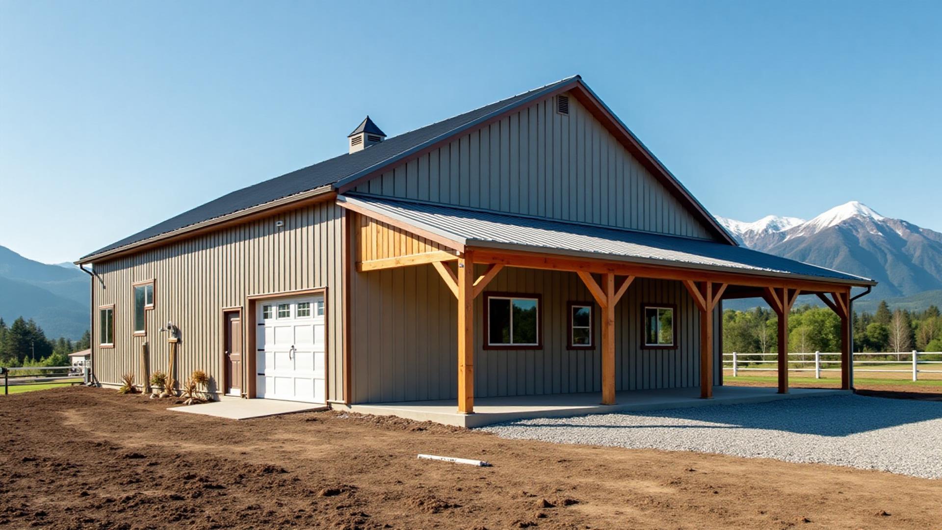 Active pole barns with excavator, skid steer, and dump truck grading and compacting