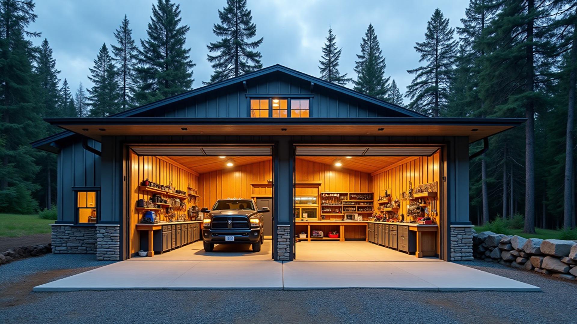 Active shops & garages with excavator, skid steer, and dump truck grading and compacting