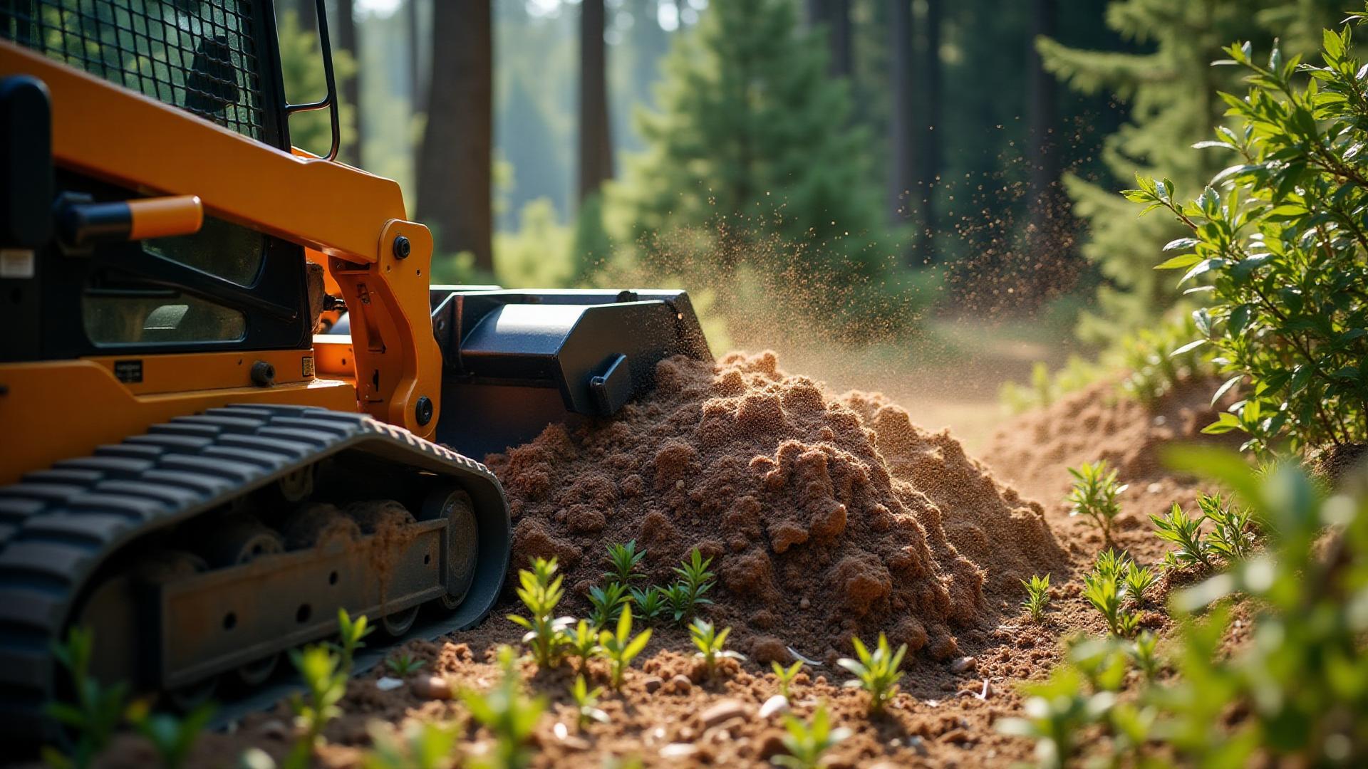 Pre-construction site preparation with grading stakes and soil compaction equipment