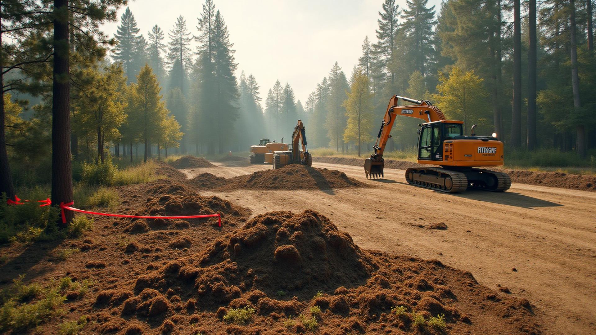 Active lot clearing with excavator, skid steer, and dump truck grading and compacting