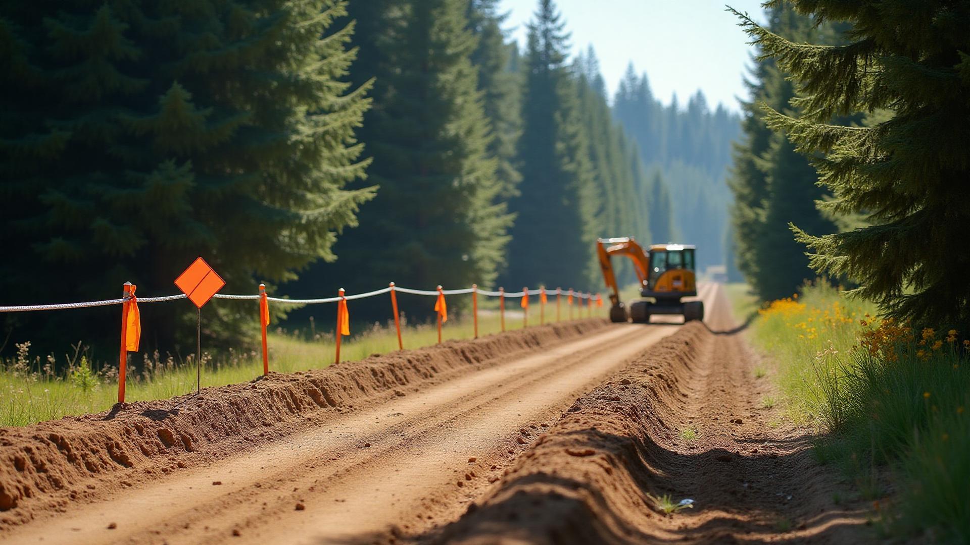 Active right-of-way clearing with excavator, skid steer, and dump truck grading and compacting