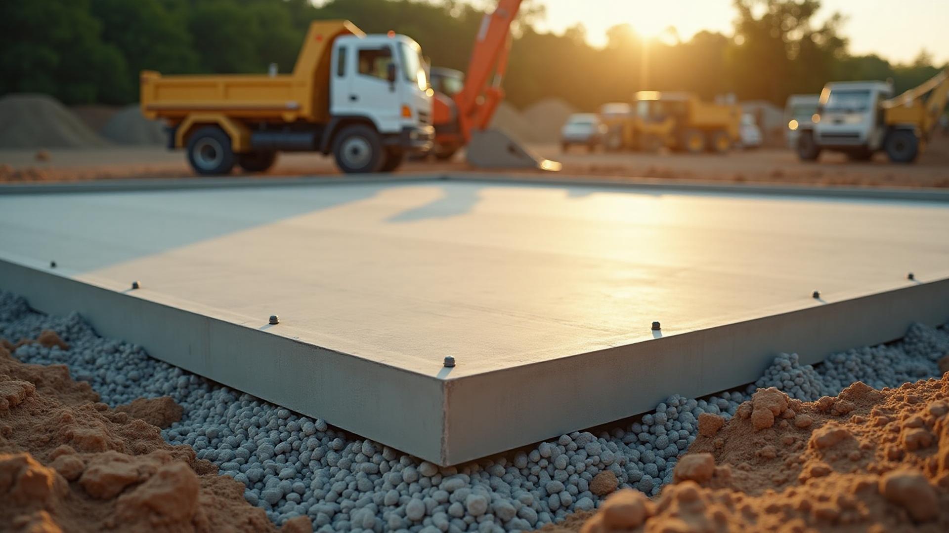 New concrete pad prepared for building with construction equipment on site