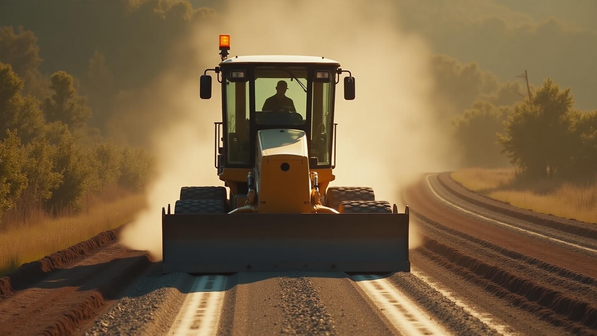 Road grading in progress with motor grader finishing base course