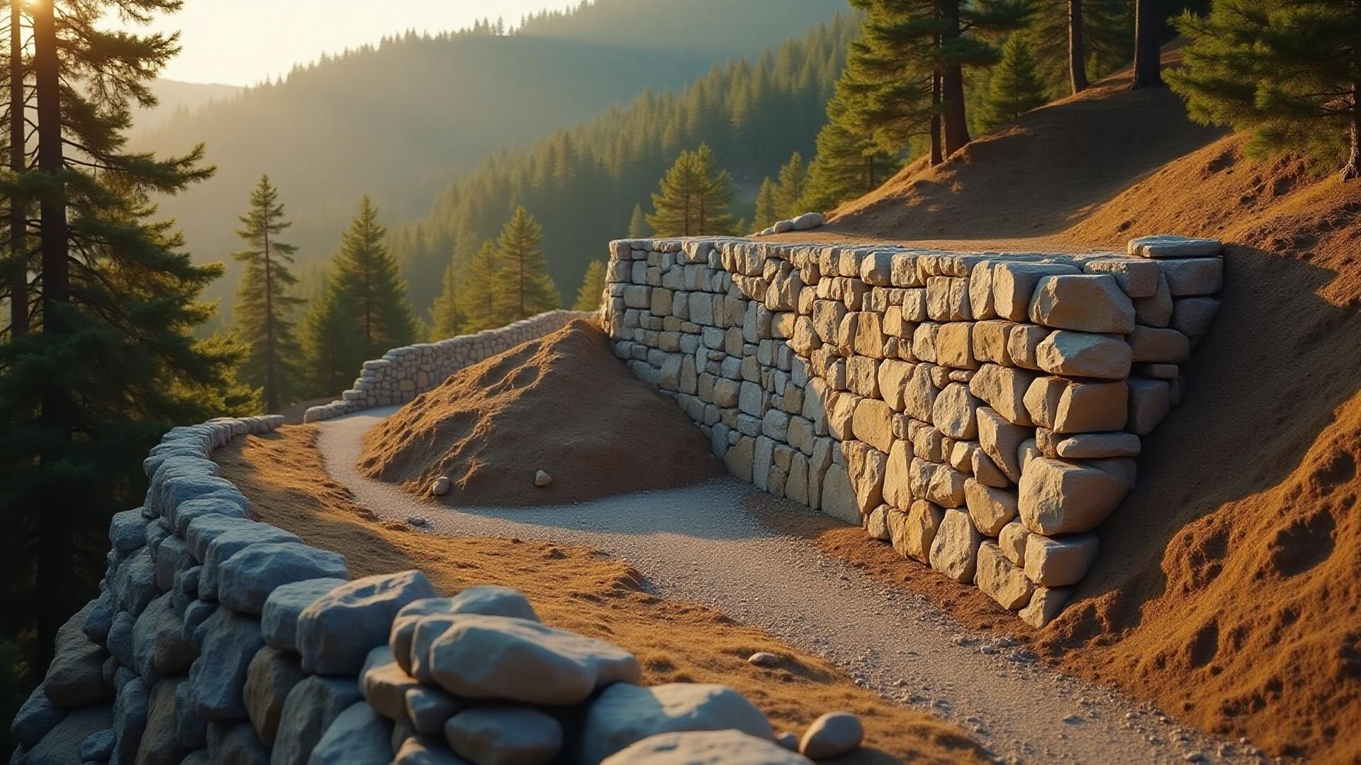 Curved stone retaining wall built to grade with compacted backfill