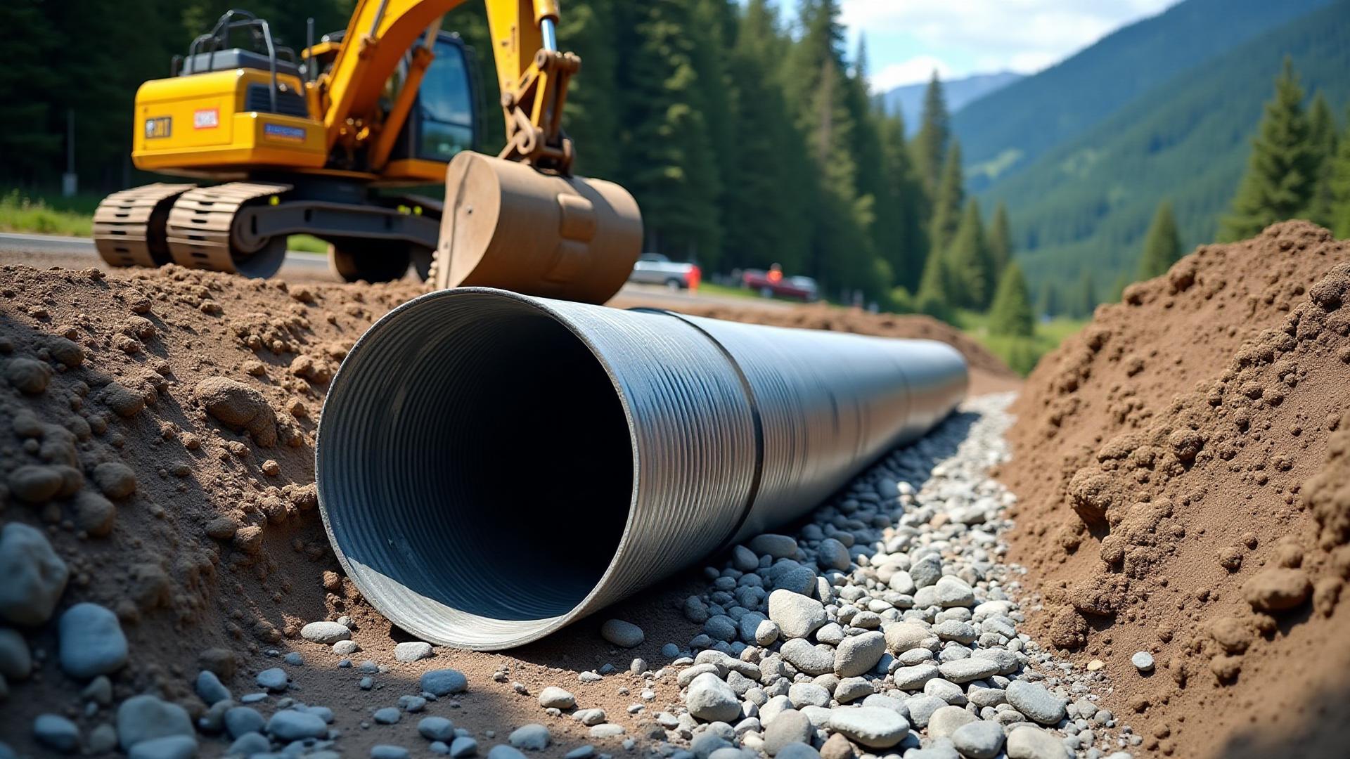 Active stormwater & culverts with excavator, skid steer, and dump truck grading and compacting