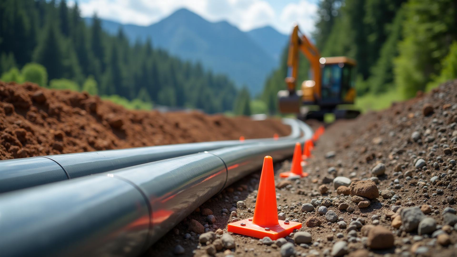 Pre-construction site preparation with grading stakes and soil compaction equipment