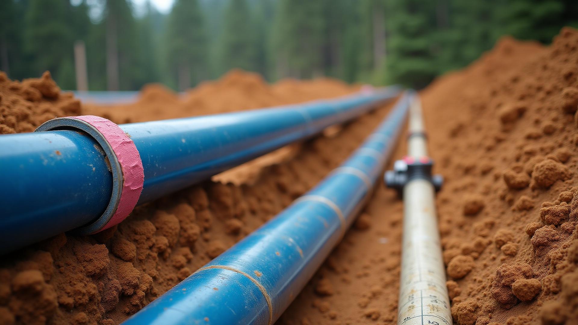 Active water line installation with excavator, skid steer, and dump truck grading and compacting